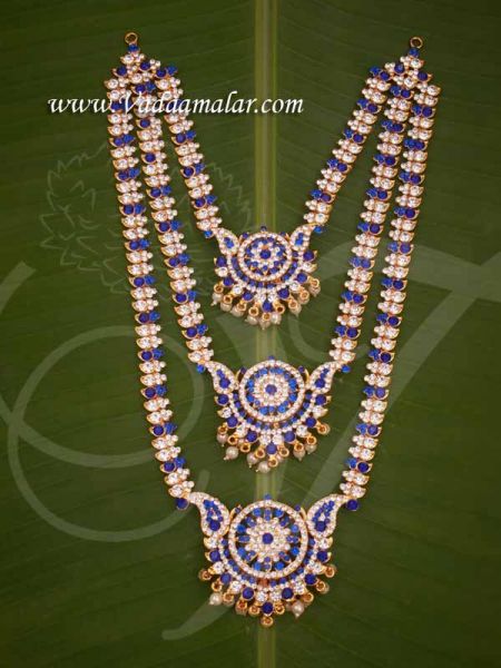 White with Blue Haaram 3 Step Necklace For Hindu Idol Ornaments Buy Now 11.5