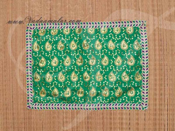 Green with Gold Asana Pooja Mat Statue placement Mat Gift for Murthi Deity