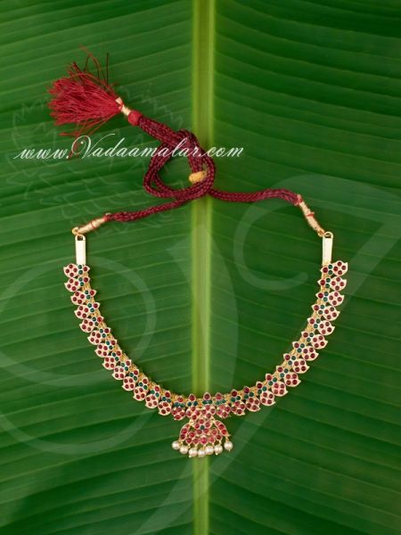 Gold plated temple jewellery kempu short necklace for sarees traditional costumes
