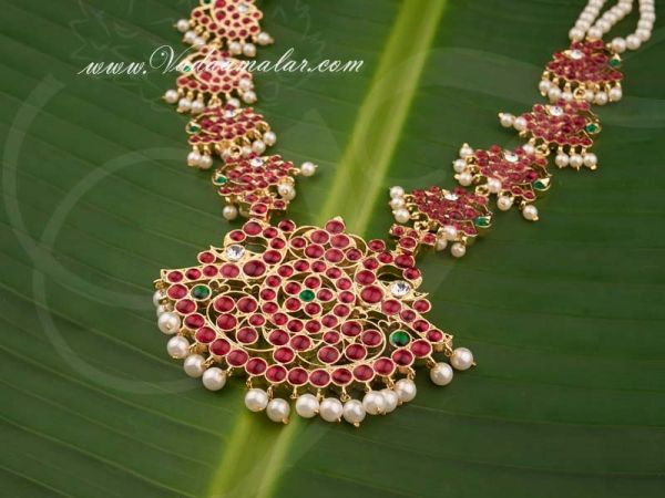 Gold Plated Temple Jewellery Kempu Stone Long Pearl Necklace 