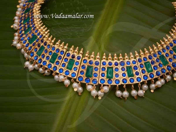 Gold Plated Temple Jewellery Blue Kemp Short Necklace For Sarees Traditional Buy Now