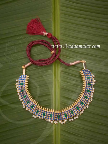 Gold Plated Temple Jewellery Blue Kemp Short Necklace For Sarees Traditional Buy Now