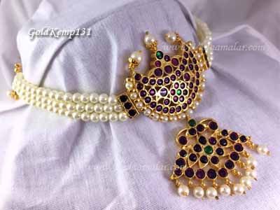 Choker Necklace with Pearls Gold plated temple Red kempu stones