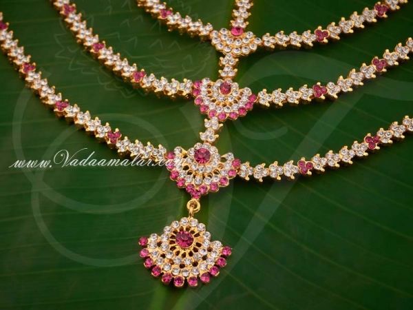 White and Pink Colour Stones 3 Step Head Set Maang Tikka Cutti India Bridal Design 