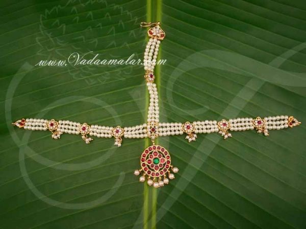 Maang Tikka Jewelery Kemp Stones with Pearls Hair Decoration Available online