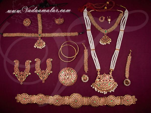 10 pieces Simple kemp stones south Indian bridal bharatanatyam jewelry set - Medium size