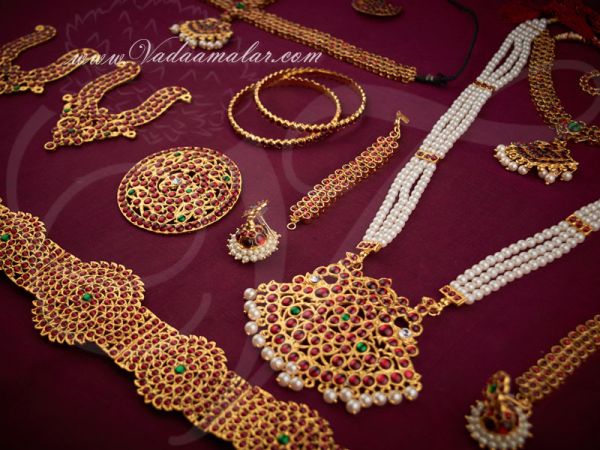 10 pieces Simple kemp stones south Indian bridal bharatanatyam jewelry set - Medium size