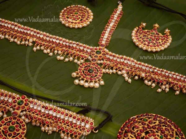 10 pcs Beautiful south Indian pearl and kemp stone temple Indian bridal jewellery set
