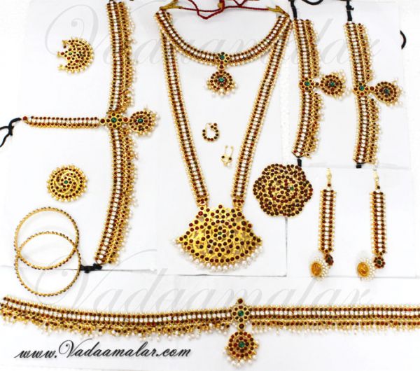 10 pcs Beautiful south Indian pearl and kemp stone temple Indian bridal jewellery set