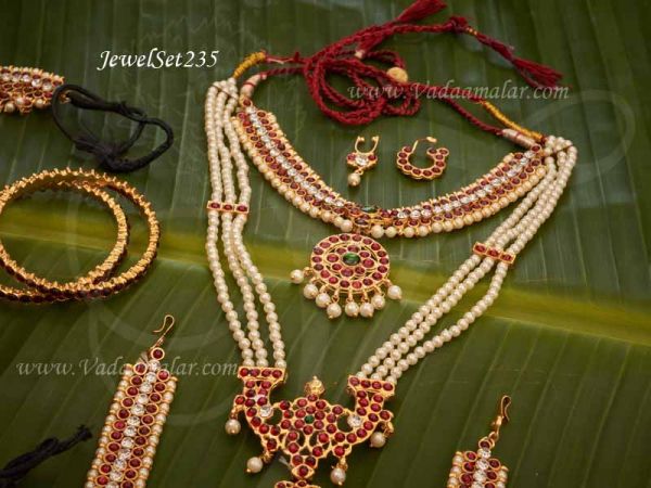 Kids size Indian pearl and kemp stone temple Indian bridal jewellery set
