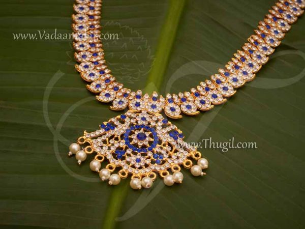 Traditional Long Indian jewellery Bridal Bharatanatyam Dance Necklace white and blue stones