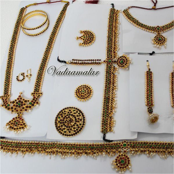10 pieces Red kemp stones and pearls bridal jewelry Bharatanatyam dance set