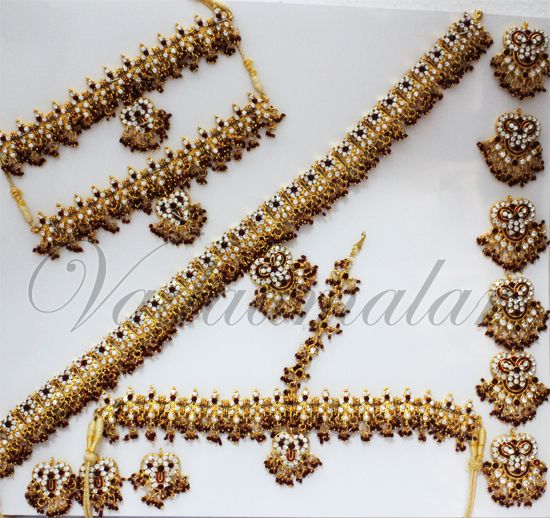 19 pcs White stone red beads Indian bridal wedding dance jewelry set