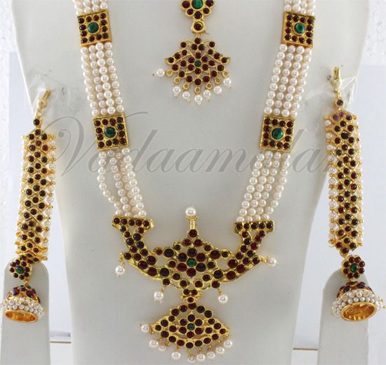 Temple Jewellery Pearl Strings Necklace, Earring Tikka Set Kathak Dance Jewelry