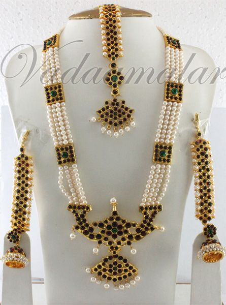 Temple Jewellery Pearl Strings Necklace, Earring Tikka Set Kathak Dance Jewelry