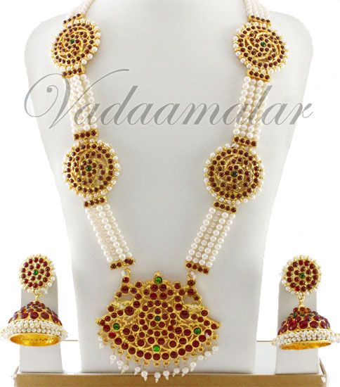 Tradtional Temple Jewel design India Pearl Strings Necklace and Earring Set