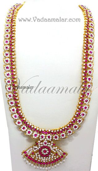 Pink and White stones Long Indian jewellery Bridal Bharatanatyam Dance Necklace