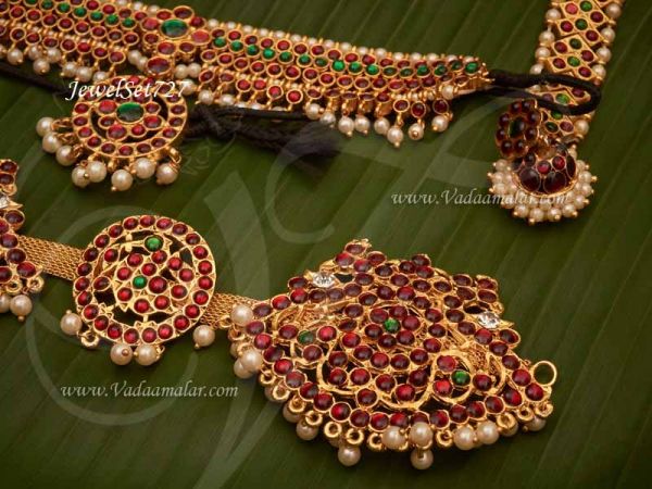 10 pcs Traditional South Indian Kemp Stone Temple Indian Bridal Jewelry Set