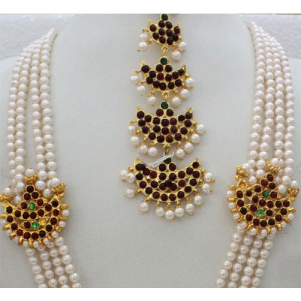 Temple Jewellery Tradtional India Pearl Strings Necklace, Earring and Tikka Set