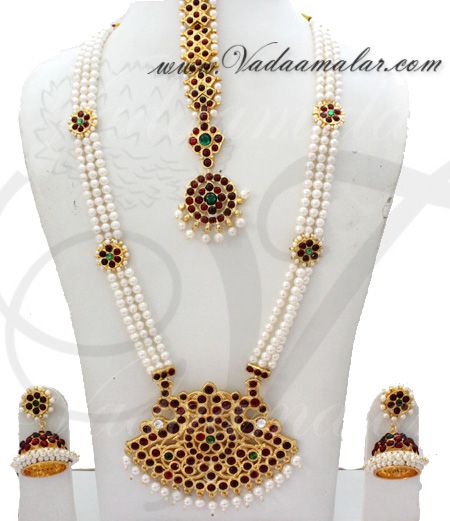 Temple Jewellery Tradtional India Pearl Strings Necklace, Earring and Tikka Set