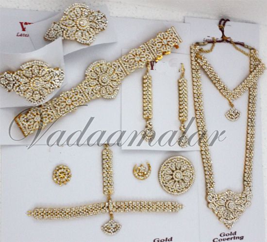 Bharatanatyam jewellery 10 pcs White stone Indian bridal wedding Kuchipudi dance jewelry set