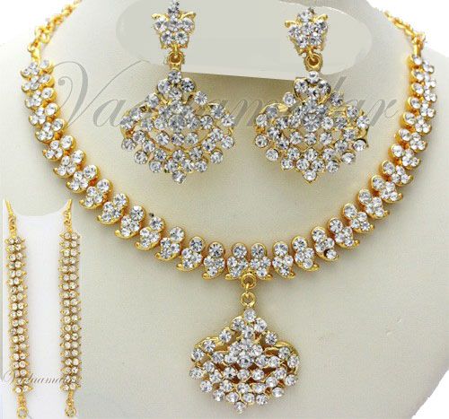 Beautifull White stone Necklace Earrings & extensions Imitation Gold India Jewelry Ornament
