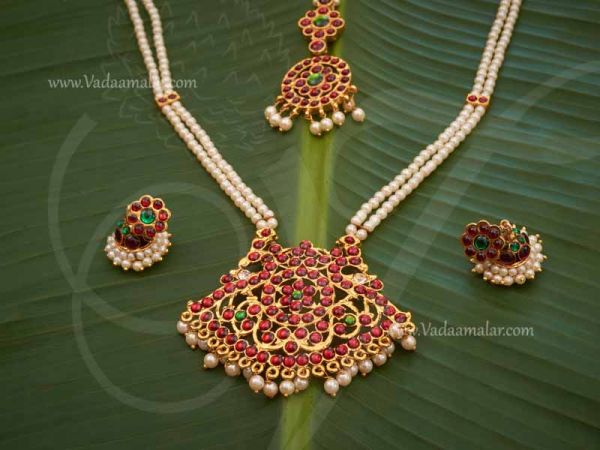 Necklace Kemp Stones Temple Jewellery with Pearls Muthu Haaram 