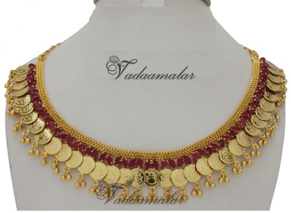 Ruby Goddress Lakshmi Jewellery Kasumalai Coin Necklace Kasumala India Ornament