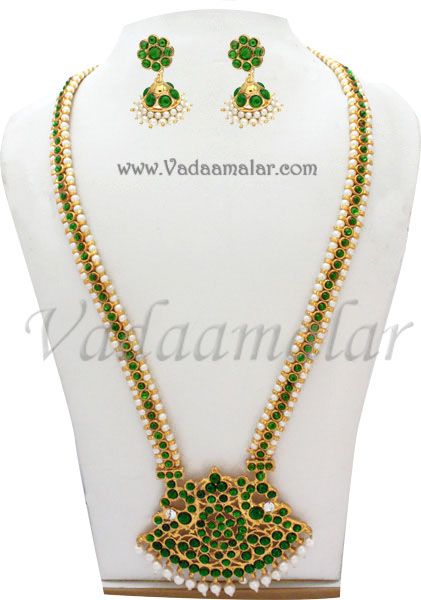 Long Pearl Necklace and Earring Green Kemp Temple Indian Ornament