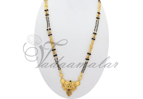 Mangalsutra traditional India black beads long chain pendant 