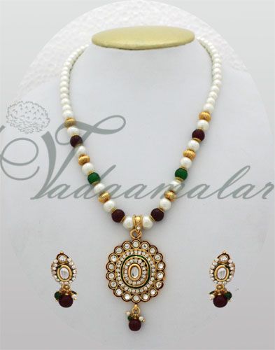 Multi Color Beads With Trendy Pendant Nekclace Imiation  for Ethnic Saree costumes earrings set