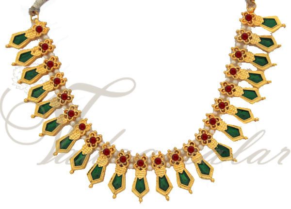 Short Choker Kerala Pearl Palakka Necklace India Green enamel with white stones