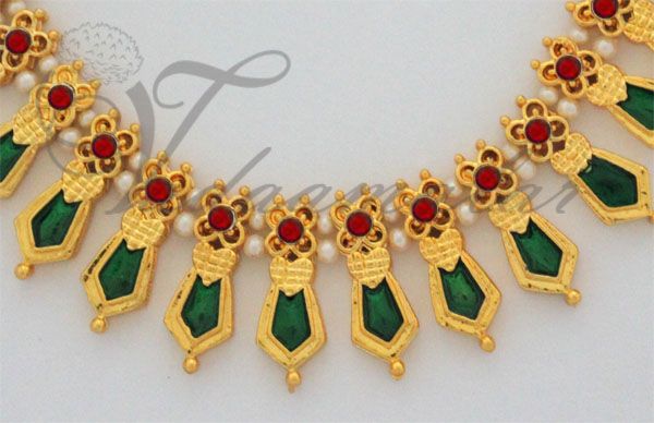 Short Choker Kerala Pearl Palakka Necklace India Green enamel with white stones