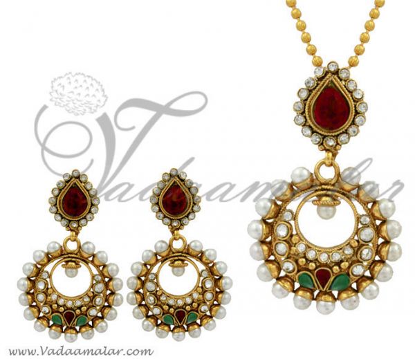 Antique Design Pendant Necklace Oxidised Gold For Saree Costumes Earrings Ram Leela Set