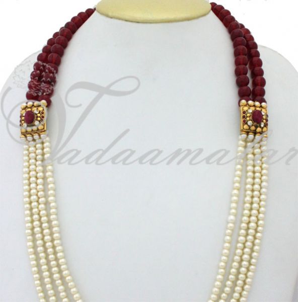 Red pearl beads double side pendant necklace mugappu for traditional sarees 