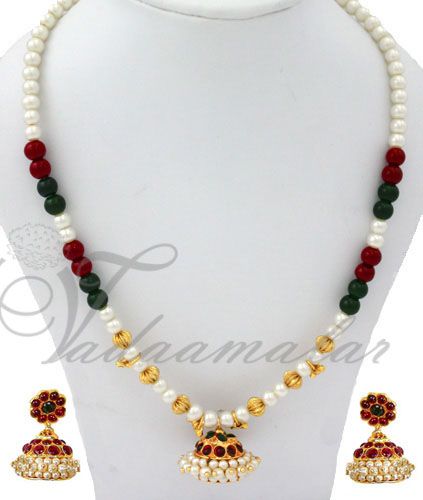 Multi Color Beads With red and green kempu stone Pendant Nekclace for Ethnic Saree costumes earrings set