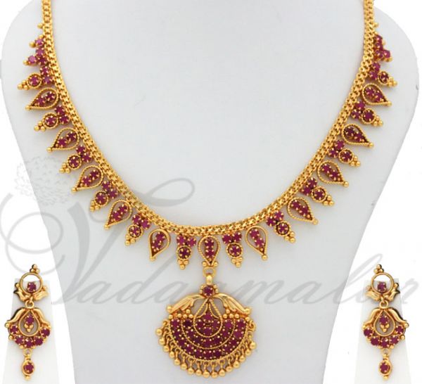 Beautiful Ruby Stones Pendant and Ear Stud Set India Jewellery Saree Salwar