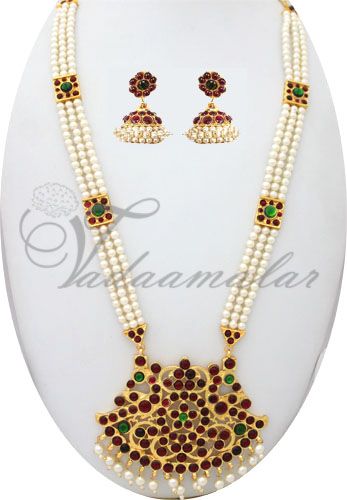 Elegant kemp temple jewelry pearl necklace for sarees traditional costumes