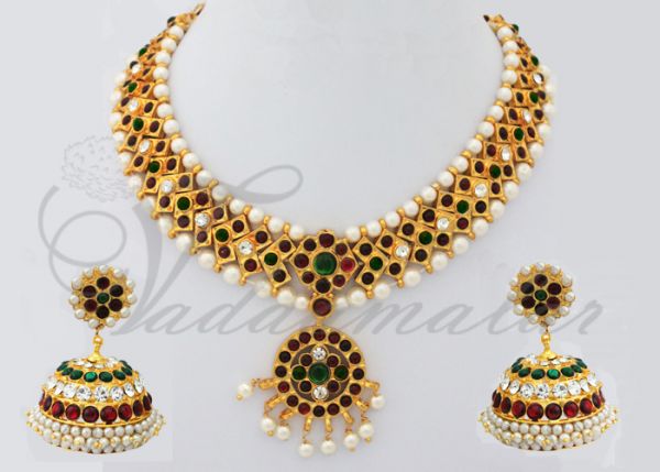 Kemp Stones Short Necklace Choker Jhumka Temple Jewellery