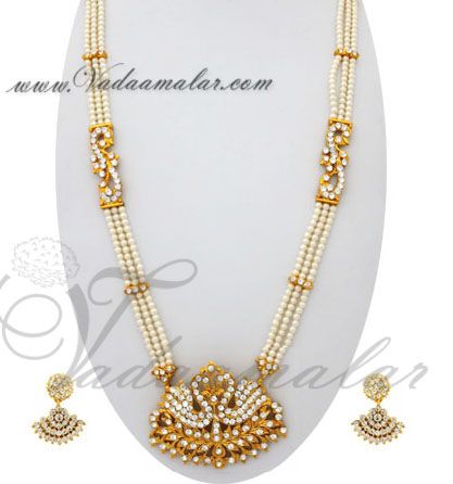 Peacock pendent Kathak Long Necklace Pearl Set Jewelry In Full White stones