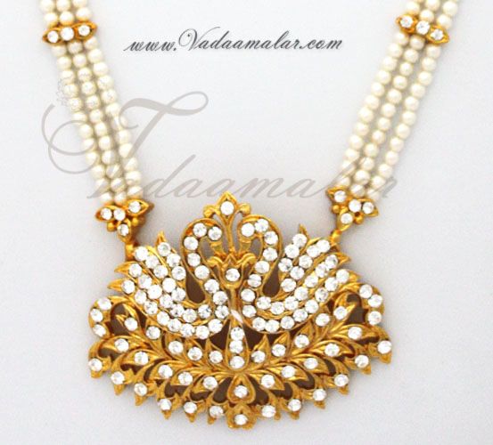 Peacock pendent Kathak Long Necklace Pearl Set Jewelry In Full White stones