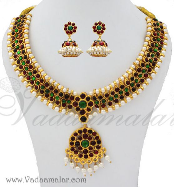 South Indian Kemp Temple Jewelry Necklace And Earring  Bharatanatyam Dance Jewelry