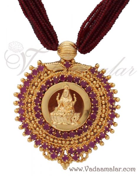 Ruby Stone Pendant with Maroon Color Beads Necklace Saree Salwar costumes 