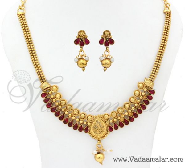 Red Stone Short Necklace Earring Set Indian Ornament