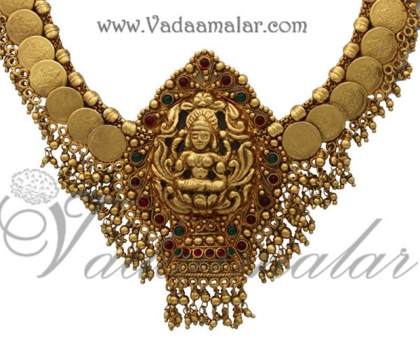 Antique Jewellery Kasumalai Coin Long Necklace Earrings Goddess Lakshmi  Kasumala