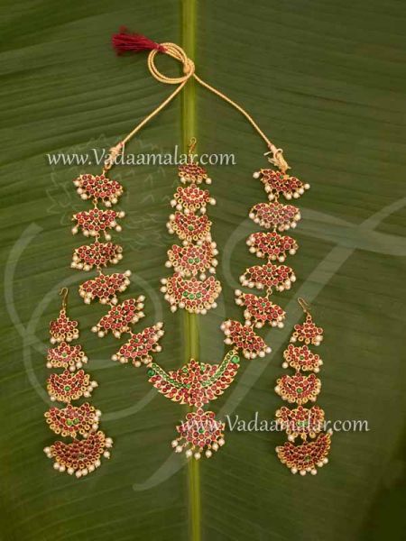 Bharatanatyam jewellery Indian Bridal jewels long necklace set with kemp stones - Imitation