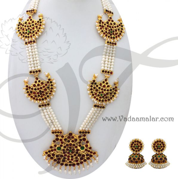 Long Pearl Necklace and Jhumkis Kempu Temple Design Jewelry