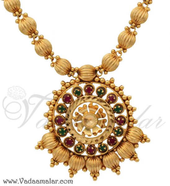 Gold Beads Pendant Nekclace Ruby And Emerald Stone Saree costumes earrings set