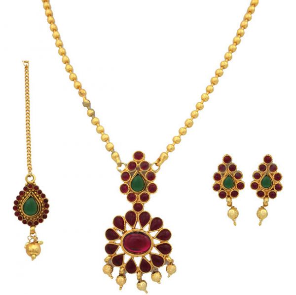 Antique design red and green color stones pendent matching earring with tikka set Saree Salwar