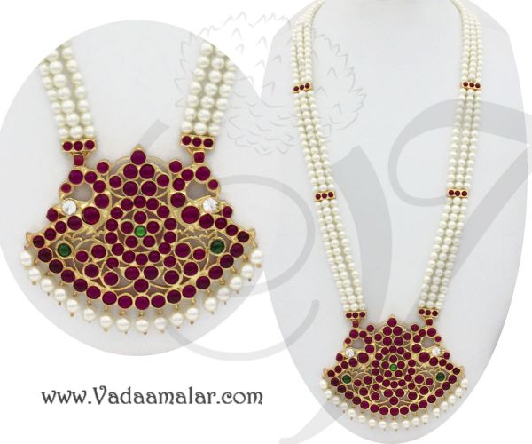 Gold plated long pearl necklace kemp stone temple for sarees traditional costumes